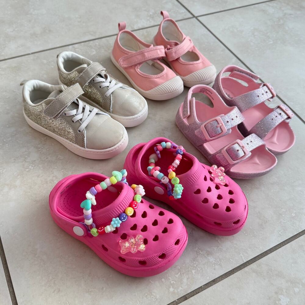 Girls Size 8 Shoe Bundle Sneakers Sandals Flats Pink Glitter Lot of 4